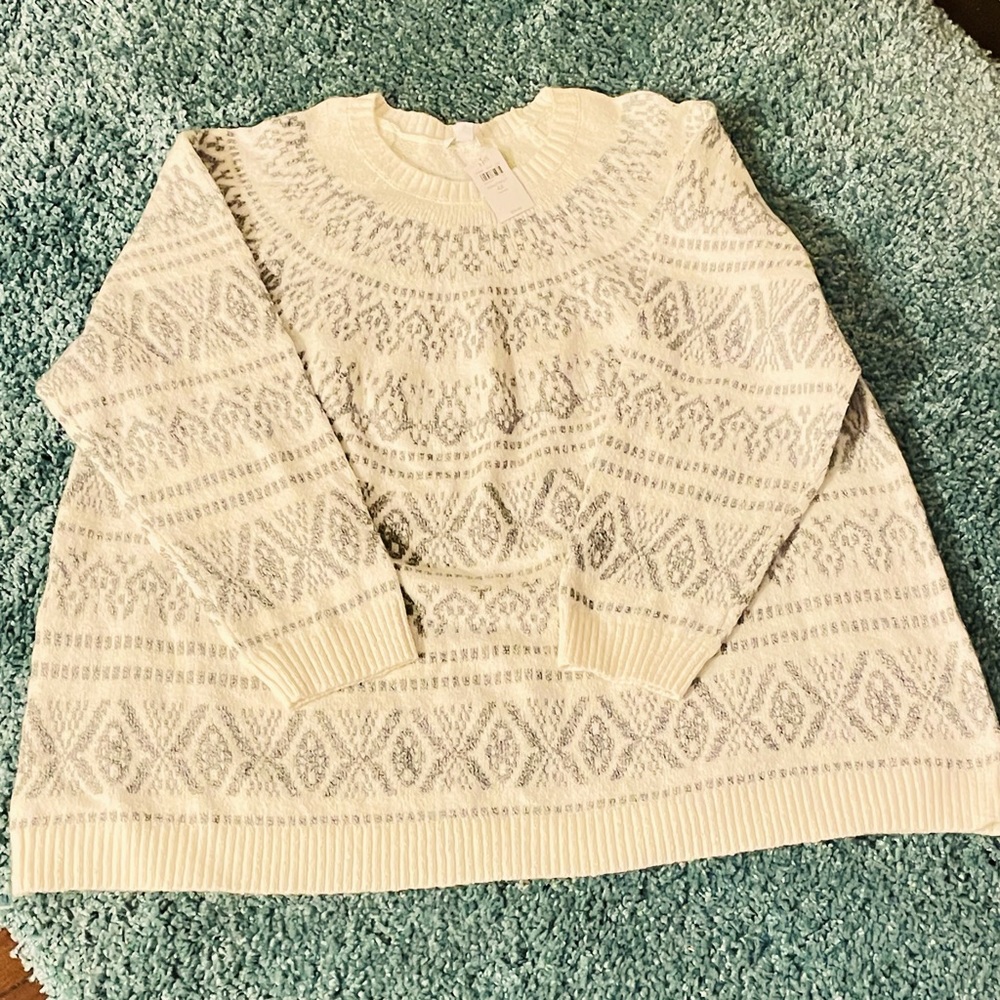 J Jill NWT Sz 4X Barley/Multi Sweater Cotton Blend Crew Neck Pullover Cream/Gray